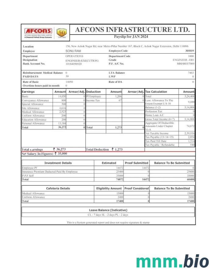 Szablon odcinka wypłaty infrastruktury Afcons w formatach Word i PDF